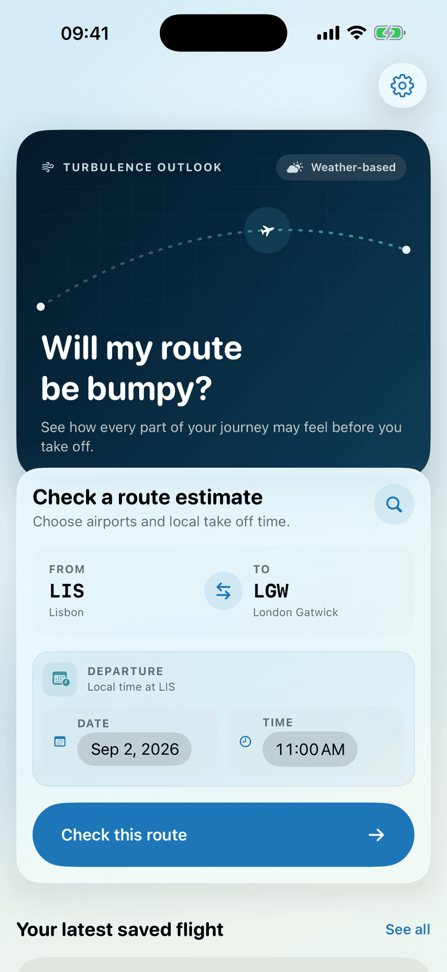 CabinCalm route search screen on iPhone